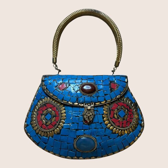 💙 VTG HIMALAYAN TIBETAN HANDMADE MOSAIC CLUTCH DETACHABLE SHOULDER CHAIN BLUE - Picture 1 of 11